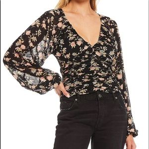 Final Rose Floral Print Deep V-Neck Long Balloon Sleeve Ruched Top